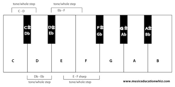 Diagram of keyboard with tones/whole steps and semitones/half steps labelled